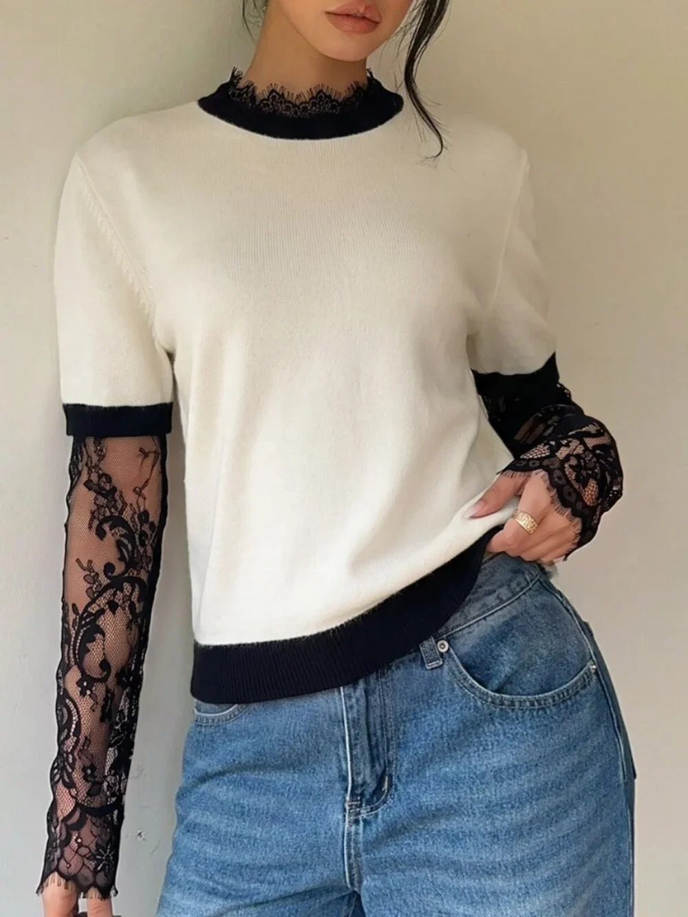 Apricot Casual Women's Contrast Lace Ruffle Drop Sleeve Round Neck Sweater